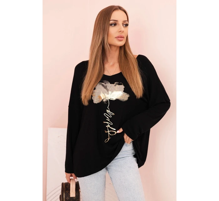 Dámská blůza z viskózy s dlouhým rukávem a zlatým květinovým potiskem černá