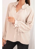 Dámská blůza z viskózy s výstřihem do V a zavazováním u rukávů béžová