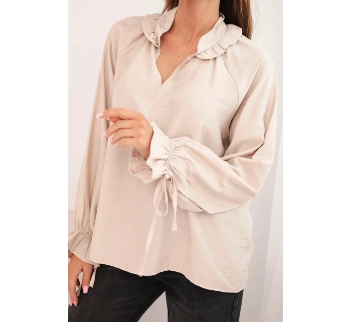 Dámská blůza z viskózy s výstřihem do V a zavazováním u rukávů béžová