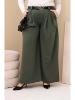 Dámské kalhoty Plus Size viskózové s širokou nohavicí a páskem khaki Dámské kalhoty Plus Size viskózové s širokou nohavicí a páskem khaki