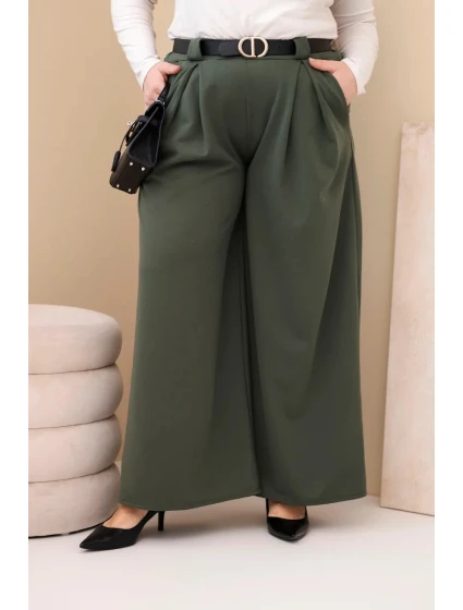 Dámské kalhoty Plus Size viskózové s širokou nohavicí a páskem khaki Dámské kalhoty Plus Size viskózové s širokou nohavicí a páskem khaki