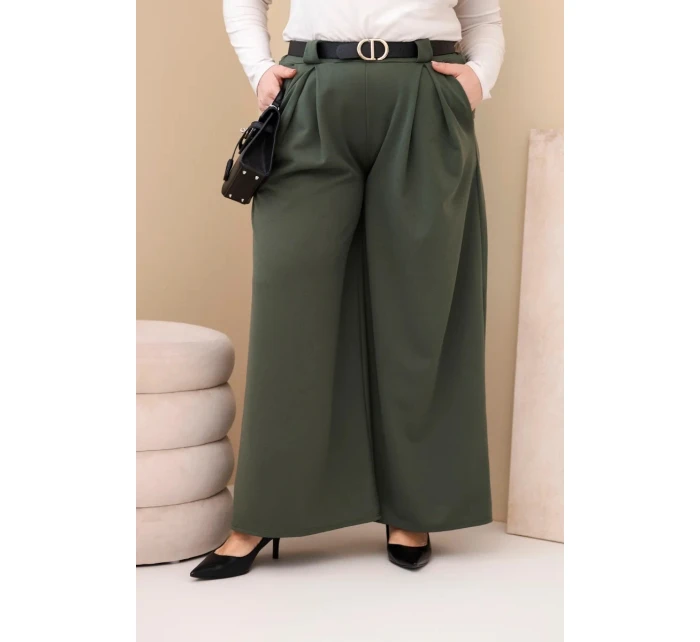 Dámské kalhoty Plus Size viskózové s širokou nohavicí a páskem khaki Dámské kalhoty Plus Size viskózové s širokou nohavicí a páskem khaki