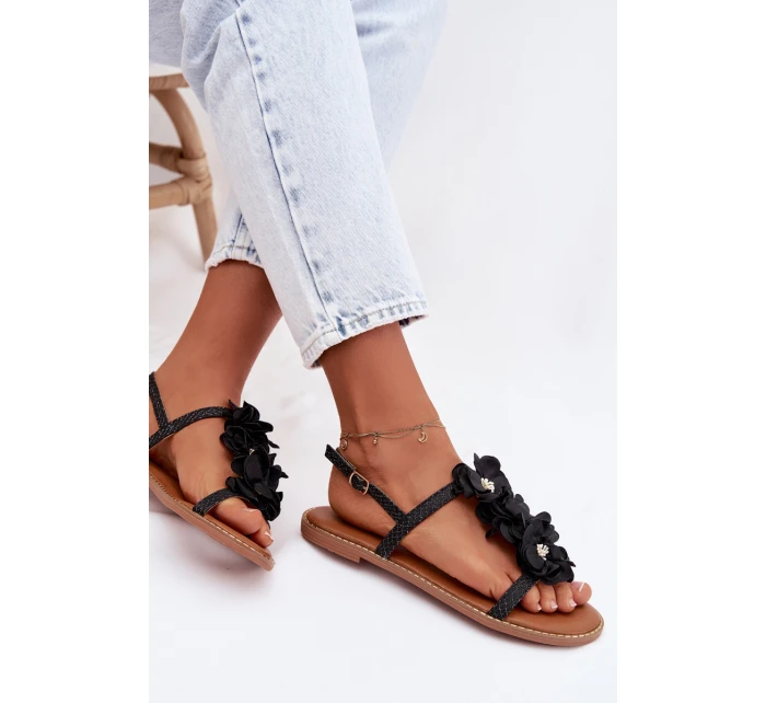 Dámské sandály Ploché S Dekorativními Květinami Černé Noemia