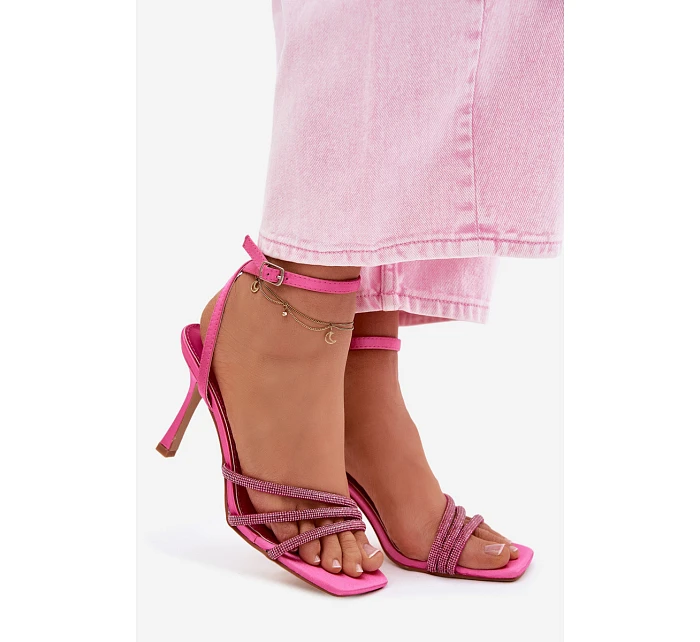Dámské sandály na podpatku s pásky a kamínky fuchsiové Chiara