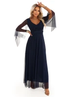 655-3 Dlouhé lehké třpytivé šaty s výstřihem a průhlednými rukávy - tmavě modré 655-3 Dlouhé lehké třpytivé šaty s výstřihem a průhlednými rukávy - tmavě modré