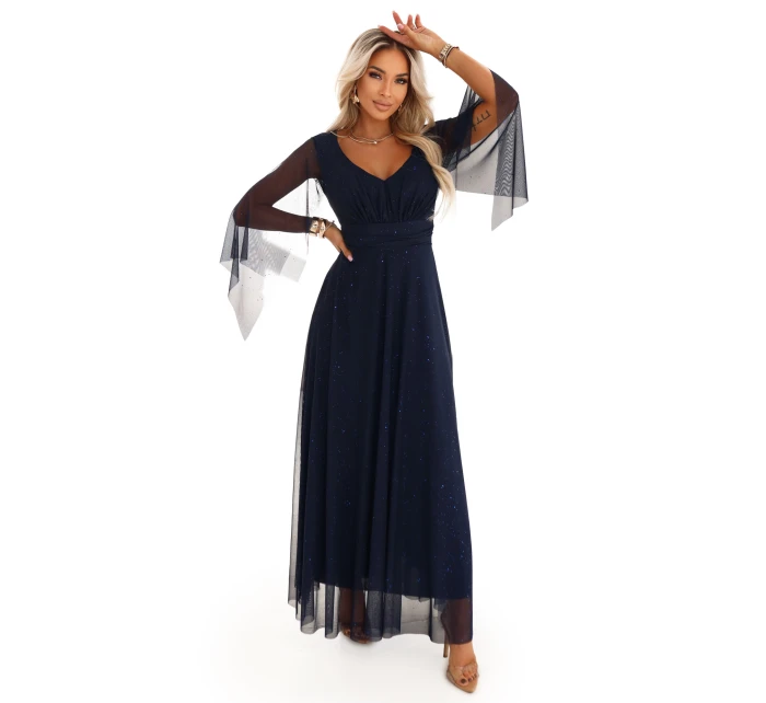 655-3 Dlouhé lehké třpytivé šaty s výstřihem a průhlednými rukávy - tmavě modré 655-3 Dlouhé lehké třpytivé šaty s výstřihem a průhlednými rukávy - tmavě modré