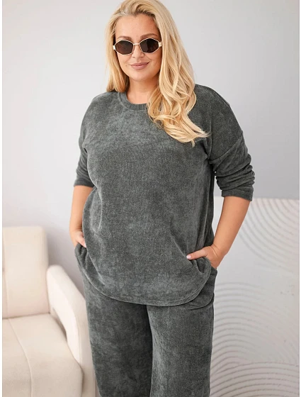 Dámský komplet Plus Size z viskózy manšestrový se širokými kalhotami a mikinou khaki Dámský komplet Plus Size z viskózy manšestrový se širokými kalhotami a mikinou khaki