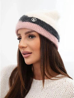 Dámská čepice beanie žebrovaná s ozdobou béžová+pudrově růžová