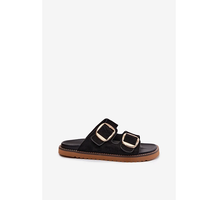 Dámské pantofle z imitace semiše s zlatými přezkami Černé model 22122722 - Boto