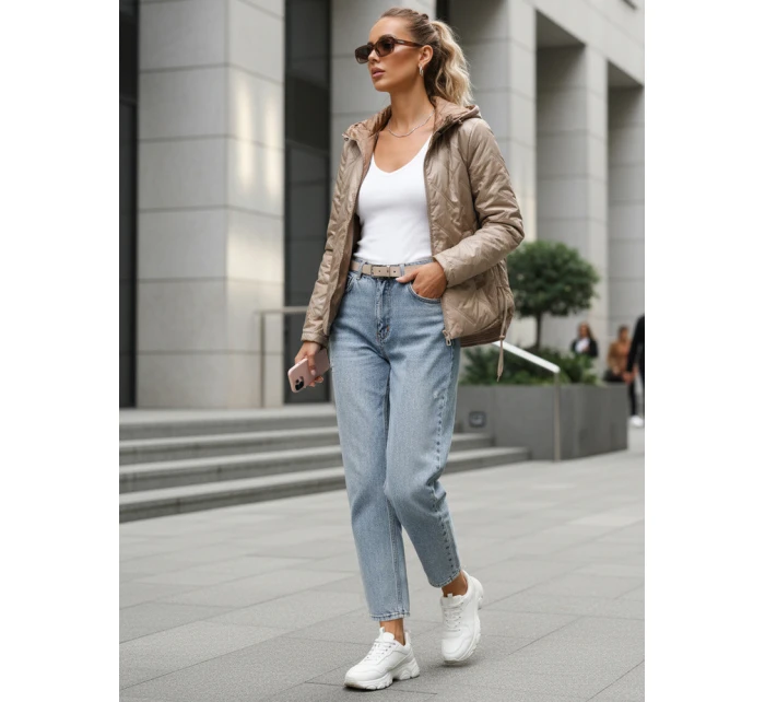 Kurtka damska pikowana lekko ocieplana z kapturem taupe TY5633