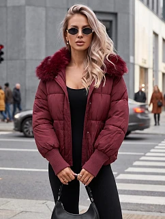 Dámská zimní prošívaná bunda s kožešinou, bordová, FashionStreet TY5817