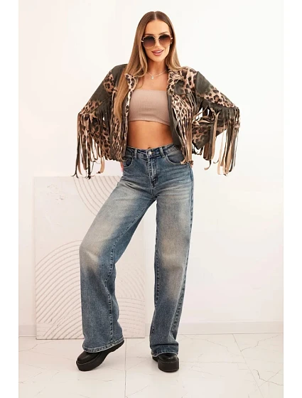 Dámská semišová bunda s leopardím vzorem a třásněmi khaki