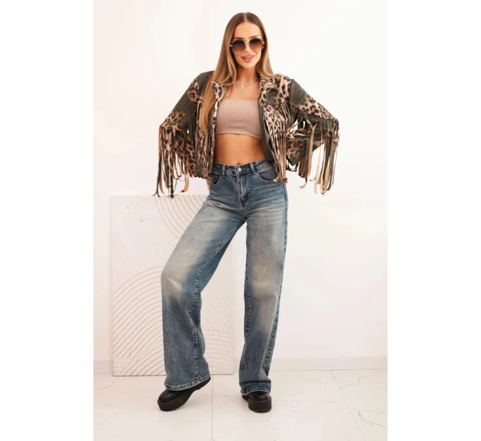 Dámská semišová bunda s leopardím vzorem a třásněmi khaki