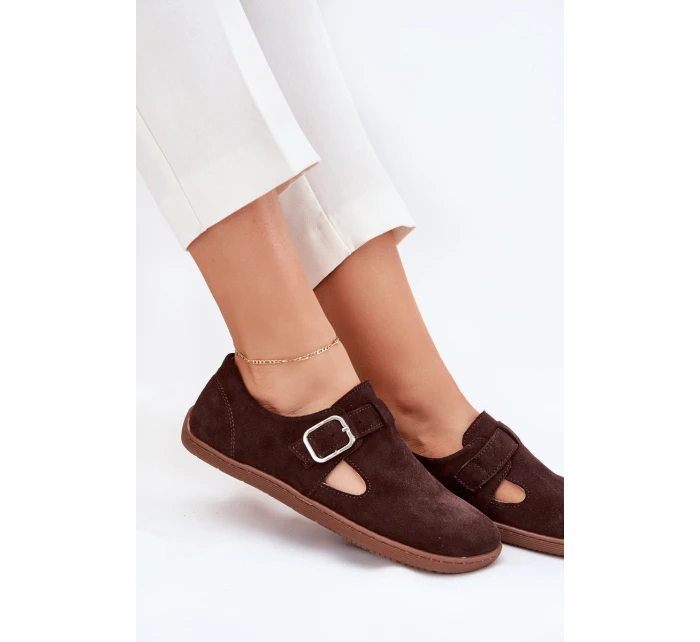 Semišové polobotky barefoot dámské s přezkou model 21703112 čokoládové - Zazoo