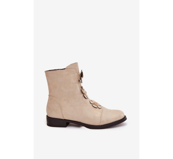 Zateplené dámské kotníkové boty na nízkém podpatku s ozdobnými květinami zlaté model 21711109 - Boto