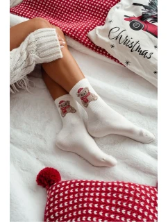 Dámské vánoční ponožky s medvídkem v čepici Santa – ecru