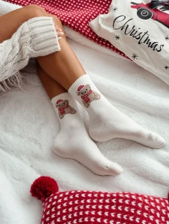 Dámské vánoční ponožky s medvídkem v čepici Santa – ecru