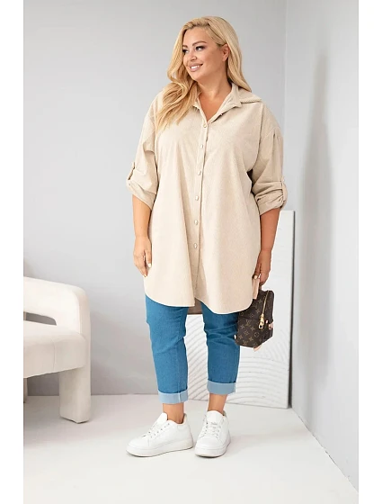 Dámská košile Plus Size z viskózy manšestrová s model 22297052 rukávy béžová - K-Fashion