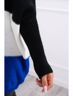 Tříbarevný svetr s kapucí černý+ecru+chabra