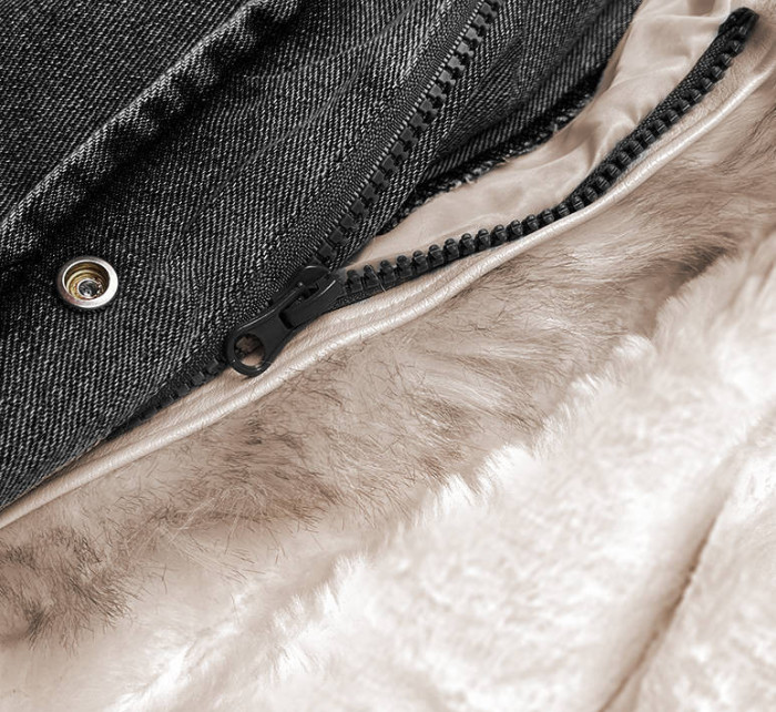 Černo/béžová dámská džínová bunda s kožešinovým límcem (BR9585-1046)