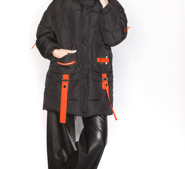 Černá dámská péřová bunda s ozdobnými páskami (AG2-J85)