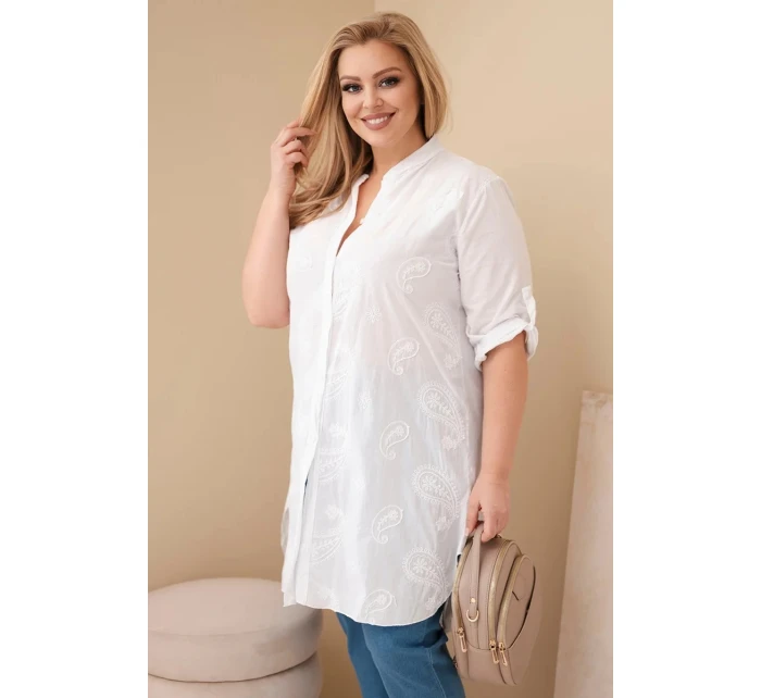 Dámské šaty Plus Size s výšivkou a ohrnovacími rukávy bílá