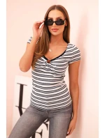 Dámská bavlněná žebrovaná halenka s výstřihem a ozdobným kroužkem tmavě modrá