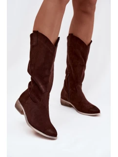 Kozaki Kovbojky Na Nízkém Podpatku Z Eko Semiše Čokoládové Cherrie