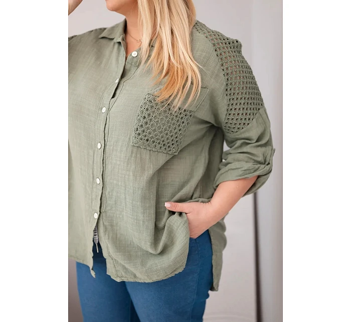 Dámská viskózová košile Plus Size s límečkem a model 22043130 vsadkou khaki - K-Fashion