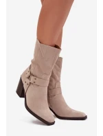 Dámské boty zateplené na podpatku s pásky a ozdobným detailem béžové Neria Dámské boty zateplené na podpatku s pásky a ozdobným detailem béžové Neria