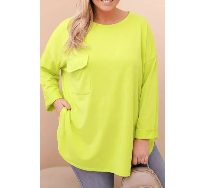 Dámská blůza Plus Size s bavlnou, kapsou a ohrnutým rukávem mátová