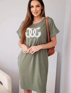 Dámské viskózové šaty s krátkým rukávem a ozdobným potiskem khaki