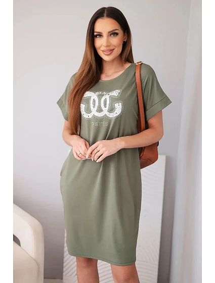 Dámské viskózové šaty s krátkým rukávem a ozdobným potiskem khaki