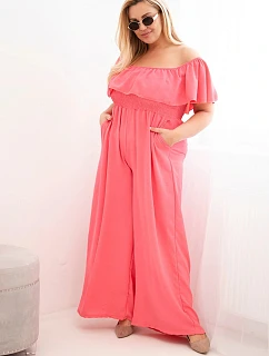 Dámský overal Plus Size s volánem a krátkým rukávem růžový