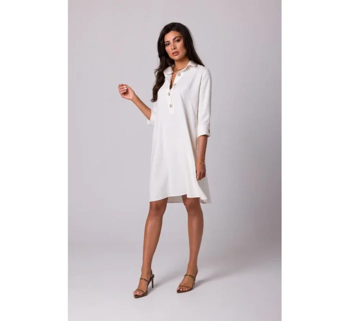 B257 Rozšířené košilové šaty - krémové