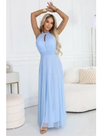 Elegantní maxi večerní šaty na ramínka s a zavazováním v pase modré model 22004204 - numoco basic