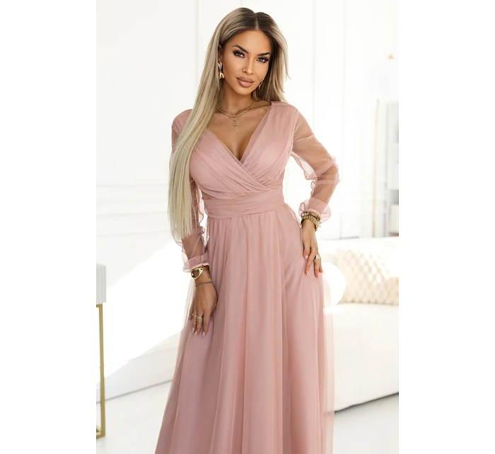 Dlouhé maxi šaty s rukávy a obálkovým výstřihem pudrově růžové model 22046066 - numoco basic