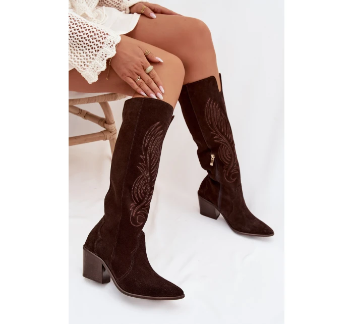 Semišové Kožené Kozačky Na Podpatku  Čokoládové model 22031643 - Zazoo