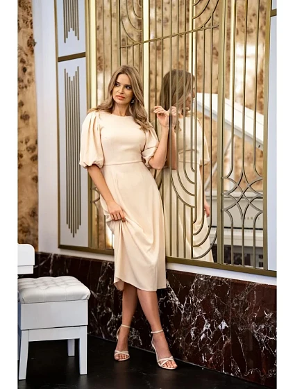 Dámské šaty s puff rukávy S400 krémové - Stylove Dámské šaty s puff rukávy S400 krémové - Stylove