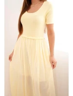 Dámské bavlněné midi šaty s krátkým rukávem a rozšířeným spodkem žlutá