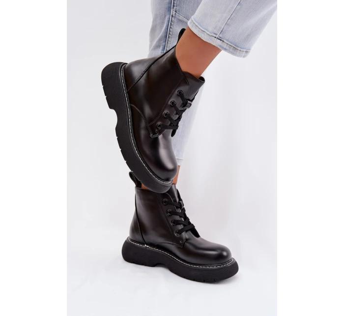 Dámské zateplené kotníkové boty na platformě s šněrováním Černé model 21935154 - Boto