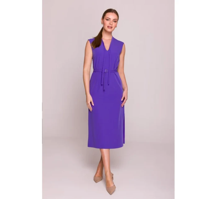 model 21154788 Šaty áčkového střihu s vázáním a výstřihem do V fialové - STYLOVE model 21154788 Šaty áčkového střihu s vázáním a výstřihem do V fialové - STYLOVE