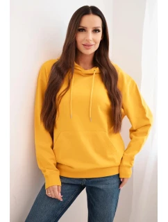 Dámská mikina s kapucí a klokaní kapsou z pletené bavlny hořčicová