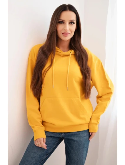 Dámská mikina s kapucí a klokaní kapsou z pletené bavlny hořčicová