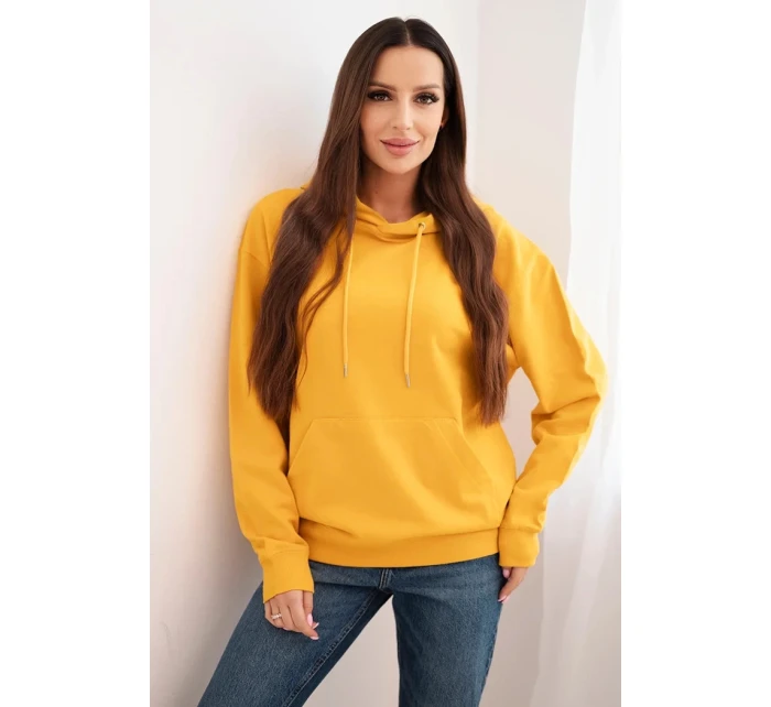 Dámská mikina s kapucí a klokaní kapsou z pletené bavlny hořčicová