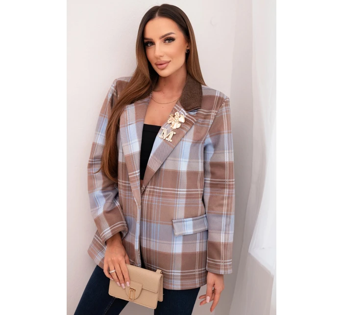 Dámská kostkovaná sako se model 21798609 broží a dlouhým rukávem modrá - K-Fashion