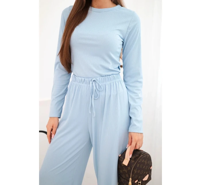 Dámský viskózový komplet s blůzkou a širokými kalhotami modrý