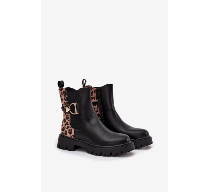 Zateplené Kotníkové Boty Dámské S Zlatým Panterka Černé model 21710048 - Boto Zateplené Kotníkové Boty Dámské S Zlatým Panterka Černé model 21710048 - Boto