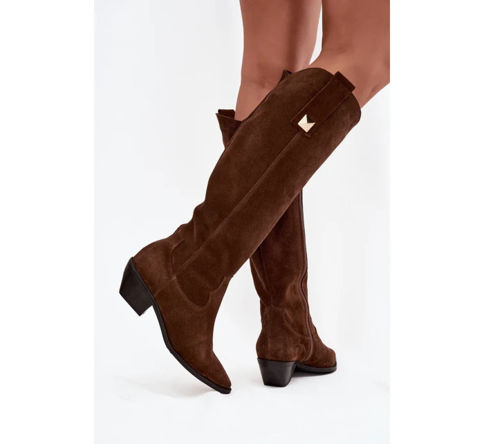 Kožené semišové kozačky zateplené  čokoládové model 21718495 - Zazoo