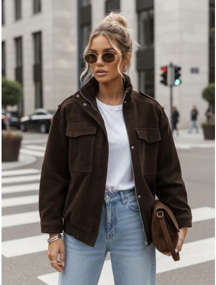 FashionStreet dámská semišová bunda bomber v čokoládové barvě TY5577